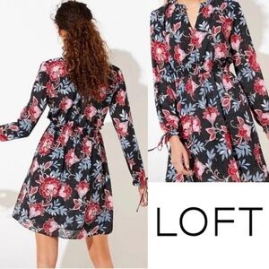 NWT - LOFT Pink and Red A-line Floral Dress with Bishop Sleeves